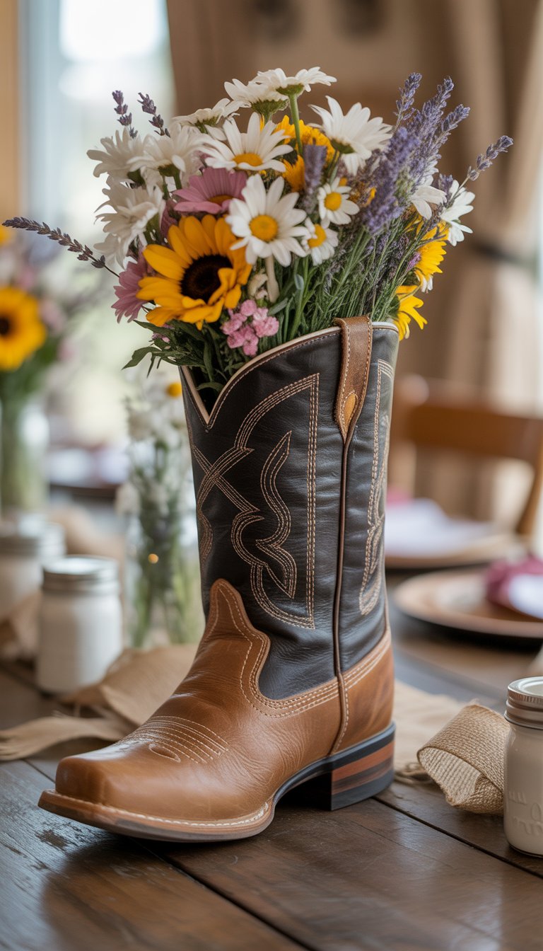 A worn leather cowgirl boot filled with colorful wildflowers placed on a wooden table with baby shower decorations around it.